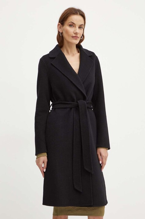 Silvian Heach palton de lana BRUGGE culoarea negru, de tranzitie, cu doua randuri de nasturi, GPA24023CP