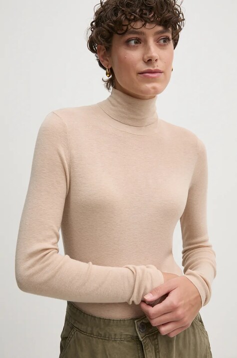 Vlnený sveter Mos Mosh dámsky, béžová farba, tenký, s rolákom, 165910