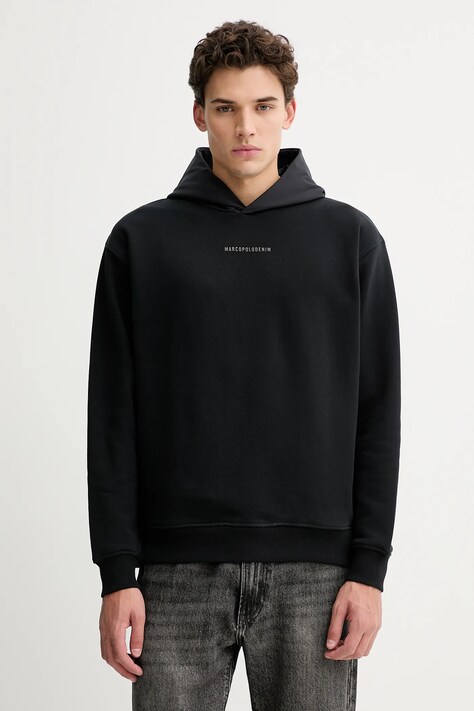 Marc O'Polo bluza bawełniana męska kolor czarny z kapturem z nadrukiem 5000007702