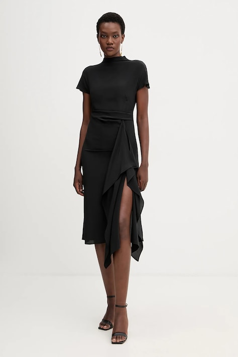 Liviana Conti rochie de mătase culoarea negru, midi, evazați, L5WS15