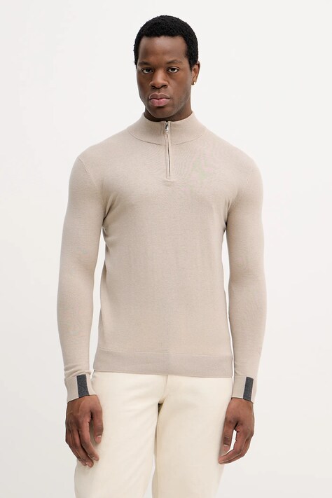 Mos Mosh sweter z wełną ADAM męski kolor beżowy lekki z półgolfem 503342