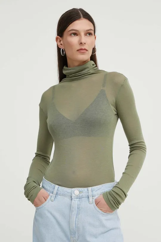 zelená Bavlnené tričko s dlhým rukávom American Vintage T-SHIRT ML COL ROULE Dámsky