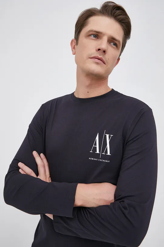 tmavomodrá Bavlnené tričko s dlhým rukávom Armani Exchange Pánsky