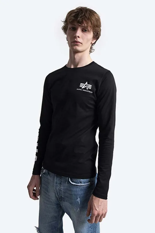 čierna Bavlnené tričko s dlhým rukávom Alpha Industries Pánsky