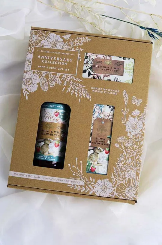 πολύχρωμο Σετ από σαπούνι, κρέμα χεριών και τζελ για ντουζ The English Soap Company Jasmine and Wild Strawberry 3-pack Unisex