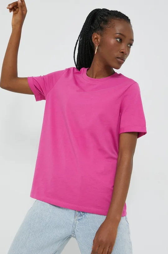 Βαμβακερό μπλουζάκι Pieces ροζ
