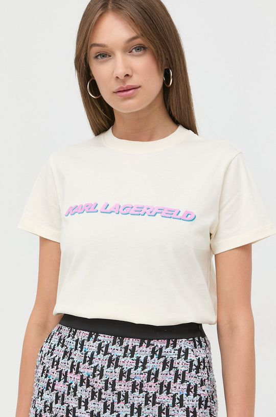 kremowy Karl Lagerfeld t-shirt bawełniany 225W1701 Damski