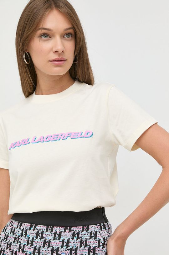kremowy Karl Lagerfeld t-shirt bawełniany 225W1701