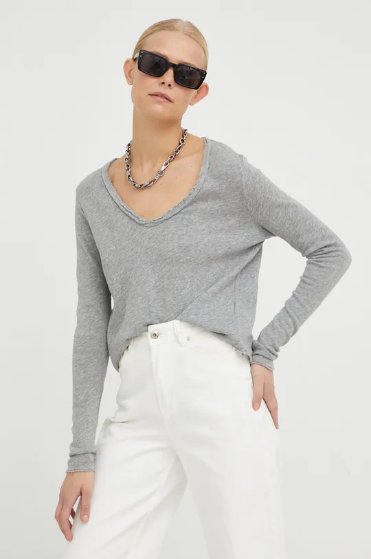 γκρί Βαμβακερή μπλούζα με μακριά μανίκια American VintageT-SHIRT ML COL V Γυναικεία