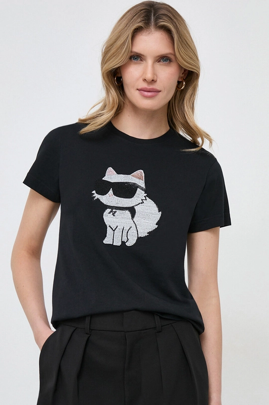 czarny Karl Lagerfeld t-shirt bawełniany Damski