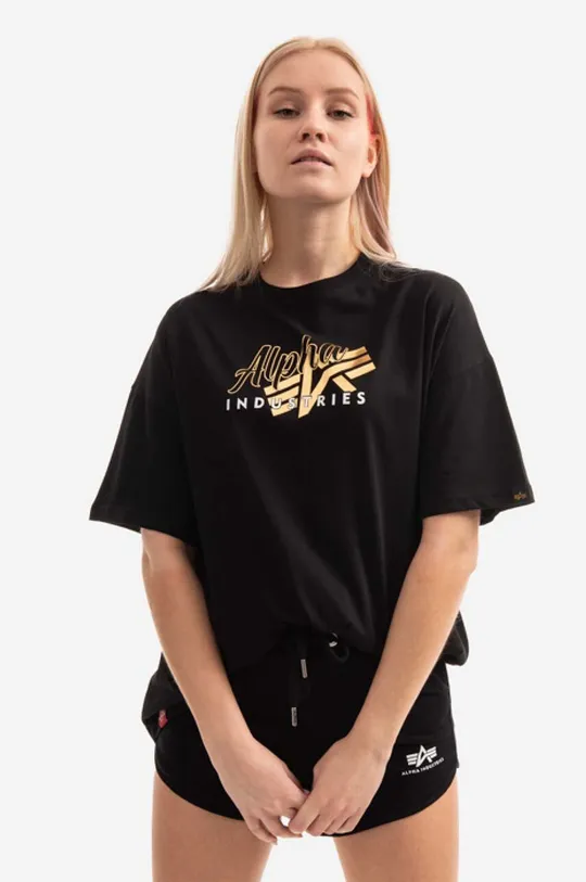 μαύρο Βαμβακερό μπλουζάκι Alpha Industries Gold Logo OS T Γυναικεία