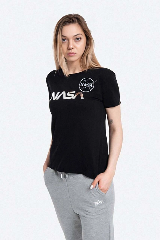 чёрный Хлопковая футболка Alpha Industries Nasa Pm T Wmn Женский