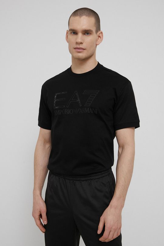 černá Bavlněné tričko EA7 Emporio Armani Pánský