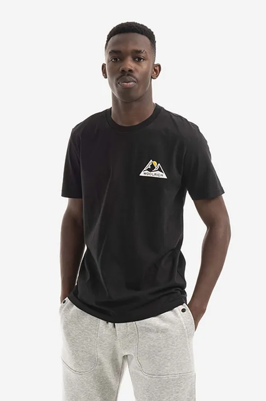 čierna Bavlnené tričko Woolrich Logo Mountain Pánsky