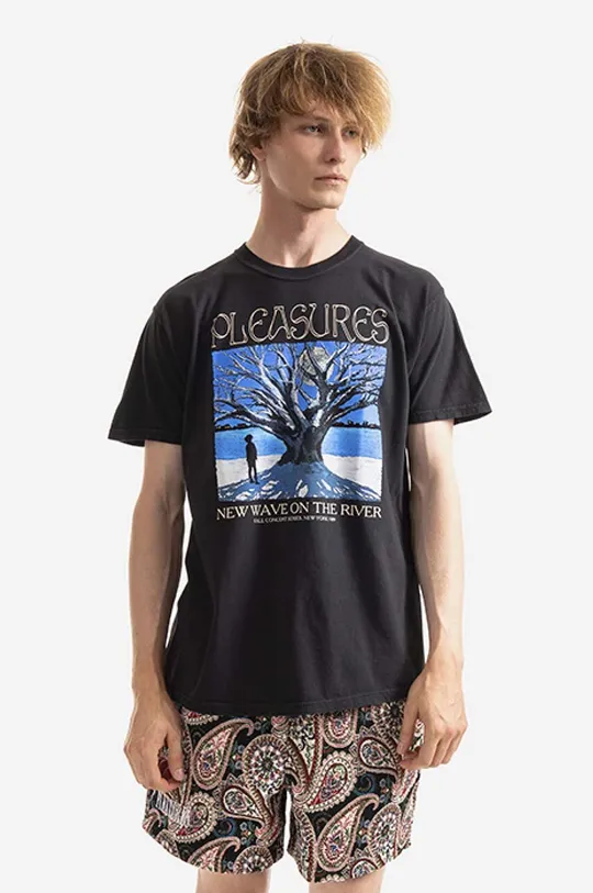 czarny PLEASURES t-shirt bawełniany River Pigment Męski