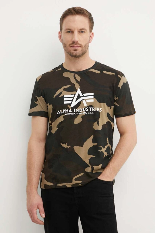 zelená Bavlnené tričko Alpha Industries Basic T-Shirt Camo Pánsky