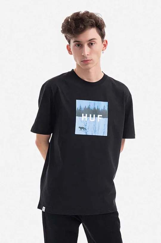 czarny Makia t-shirt bawełniany X HUF Trifecta Męski
