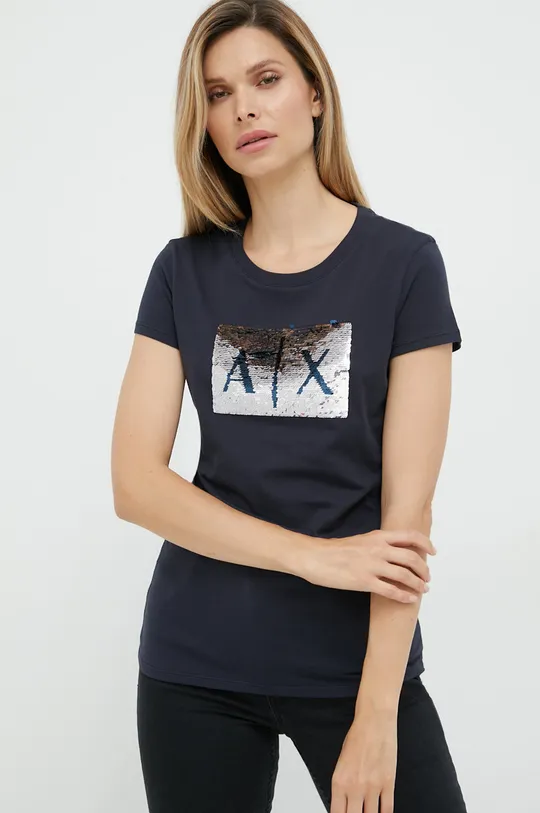 tmavomodrá Bavlnené tričko Armani Exchange Dámsky