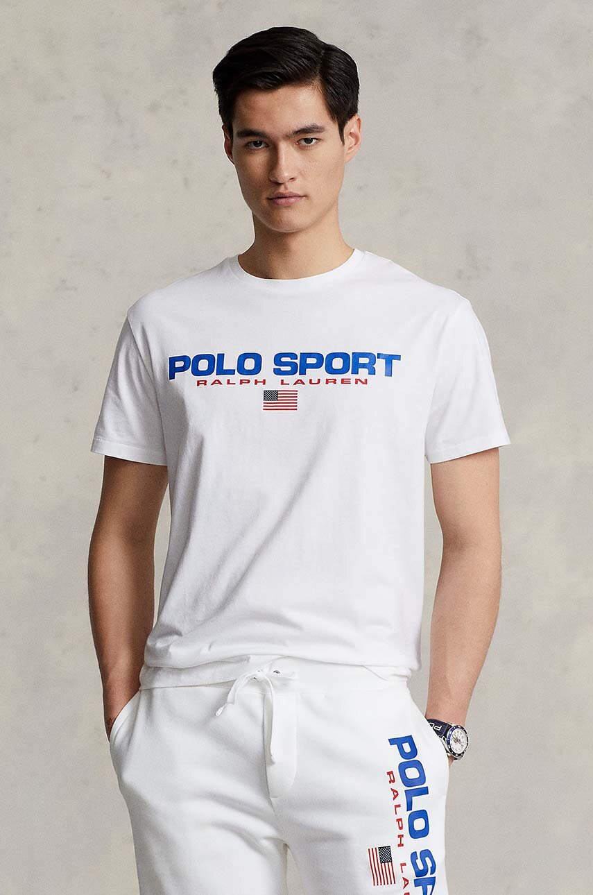 Хлопковая футболка Polo Ralph Lauren мужская цвет белый с принтом ...