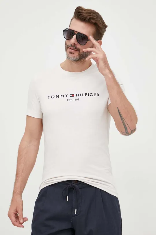 béžová Bavlnené tričko Tommy Hilfiger Pánsky