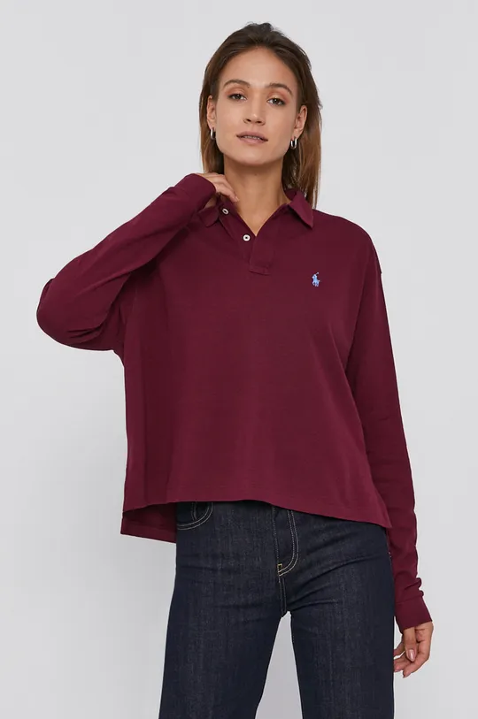 burgundské Bavlnené tričko s dlhým rukávom Polo Ralph Lauren Dámsky