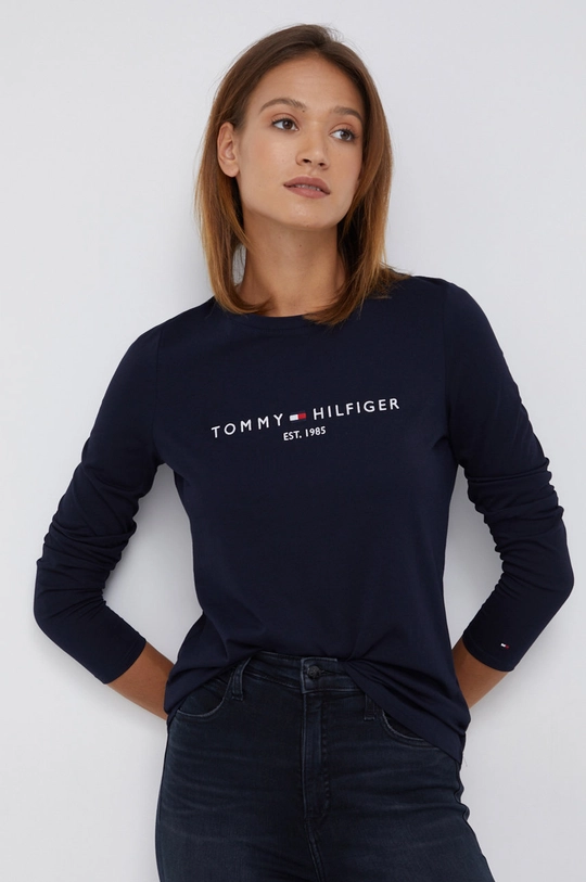 tmavomodrá Bavlnené tričko s dlhým rukávom Tommy Hilfiger Dámsky