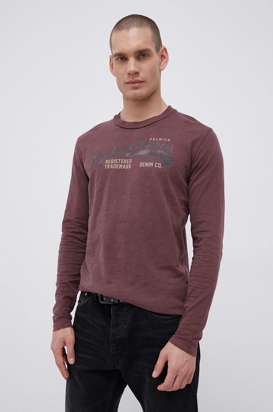 burgundské Bavlnené tričko s dlhým rukávom Premium by Jack&Jones Pánsky