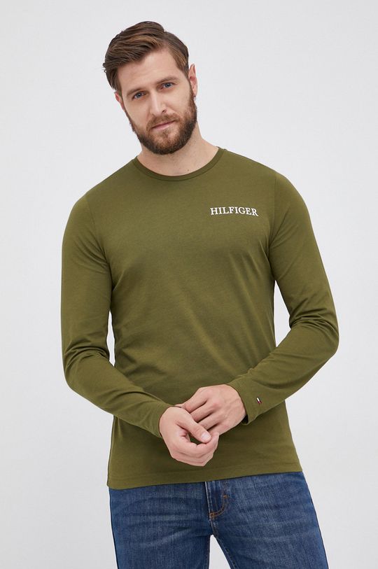 zelená Bavlnené tričko s dlhým rukávom Tommy Hilfiger Pánsky