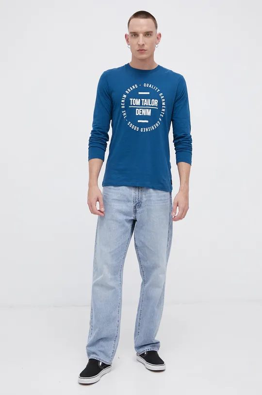 tyrkysová Bavlnené tričko s dlhým rukávom Tom Tailor Pánsky