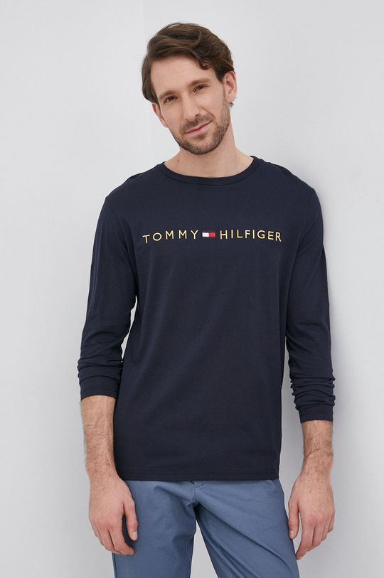 tmavomodrá Bavlnené tričko s dlhým rukávom Tommy Hilfiger Pánsky