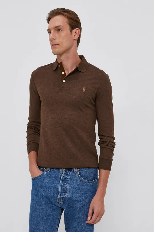hnedá Bavlnené tričko s dlhým rukávom Polo Ralph Lauren Pánsky