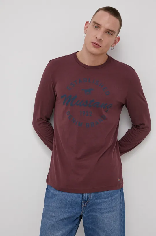 burgundské Bavlnené tričko s dlhým rukávom Mustang