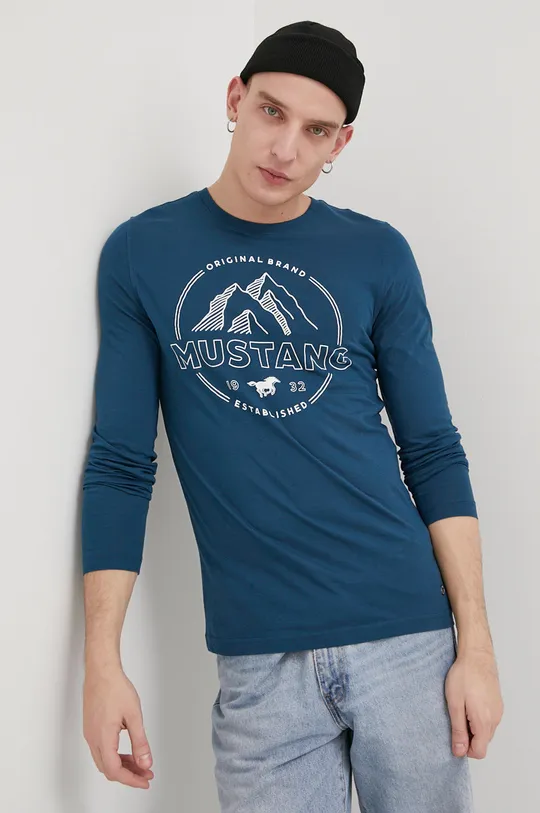 tyrkysová Bavlnené tričko s dlhým rukávom Mustang Pánsky