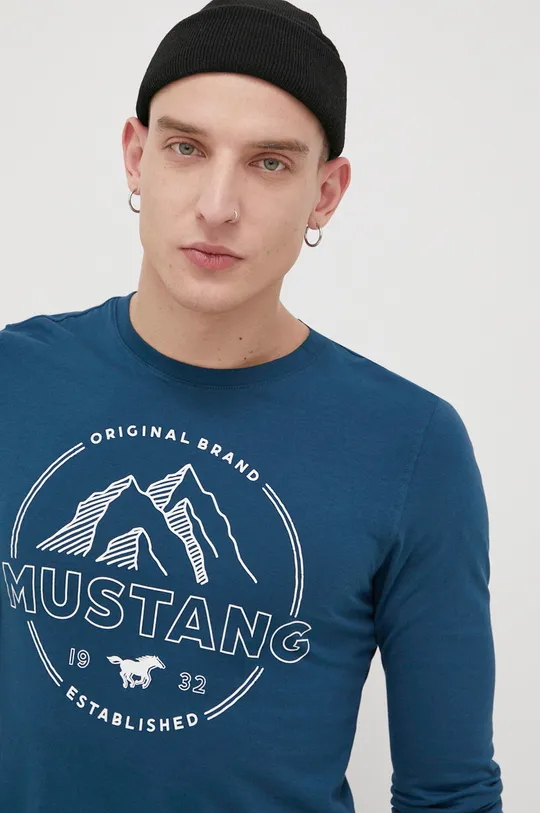 tyrkysová Bavlnené tričko s dlhým rukávom Mustang