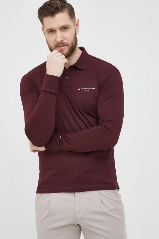 burgundské Bavlnené tričko s dlhým rukávom Tommy Hilfiger Pánsky