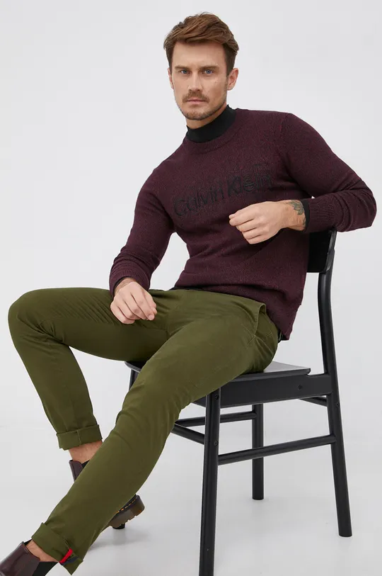 bordowy Calvin Klein Sweter wełniany Męski