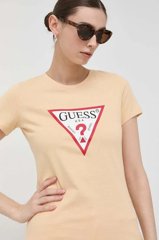 beżowy Guess t-shirt bawełniany