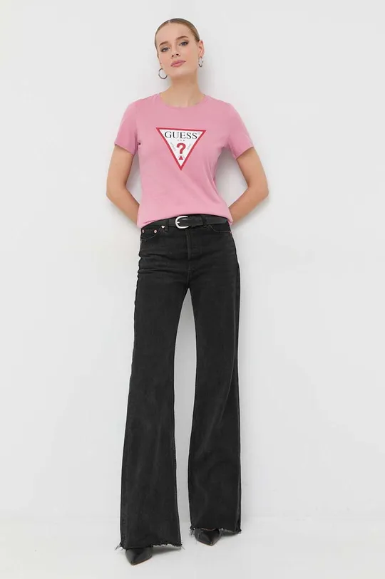 Βαμβακερό μπλουζάκι Guess ροζ