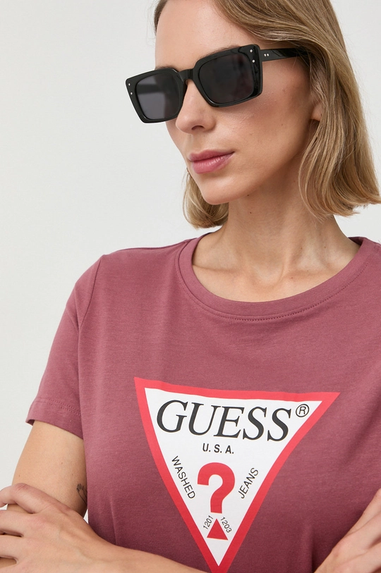 μπορντό Βαμβακερό μπλουζάκι Guess Γυναικεία