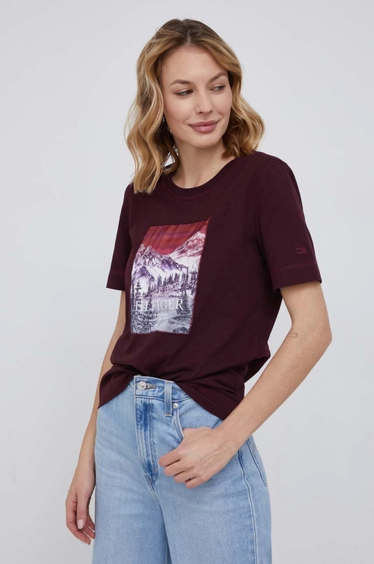 bordowy Tommy Hilfiger T-shirt bawełniany Damski