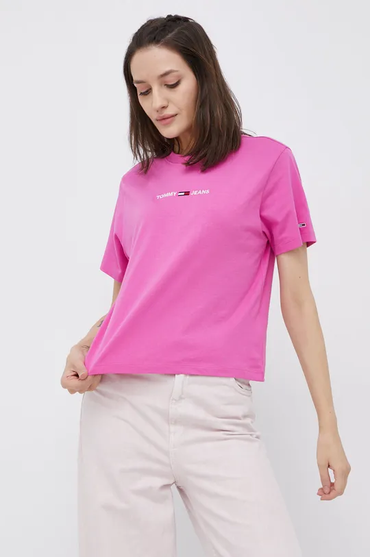 różowy Tommy Jeans T-shirt bawełniany DW0DW10057.4890 Damski