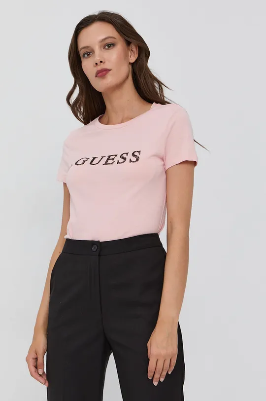 różowy Guess T-shirt bawełniany Damski
