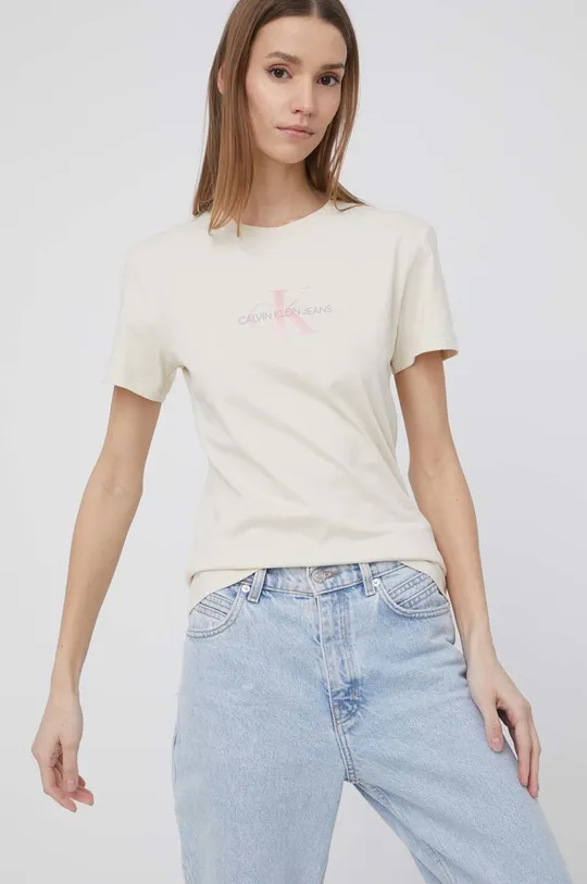 béžová Bavlnené tričko Calvin Klein Jeans