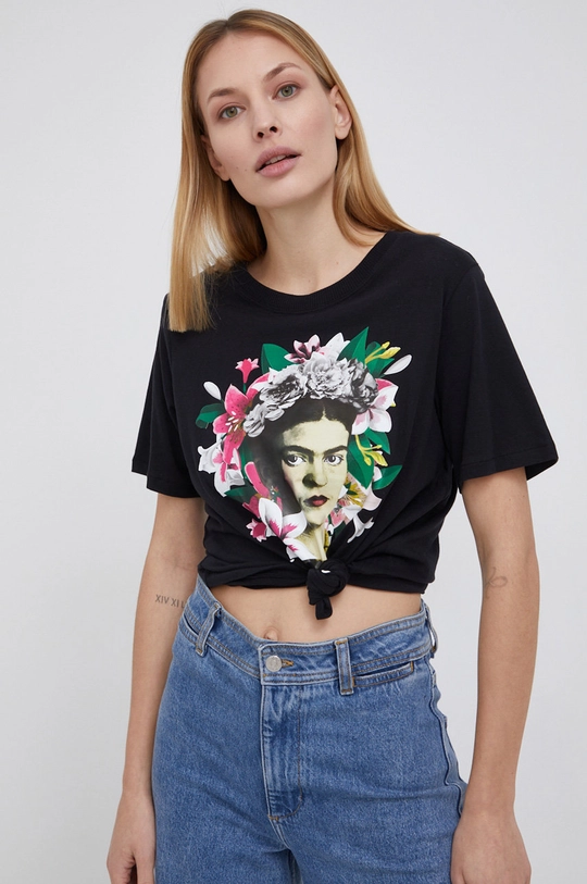 czarny JDY T-shirt bawełniany Frida Khalo Damski