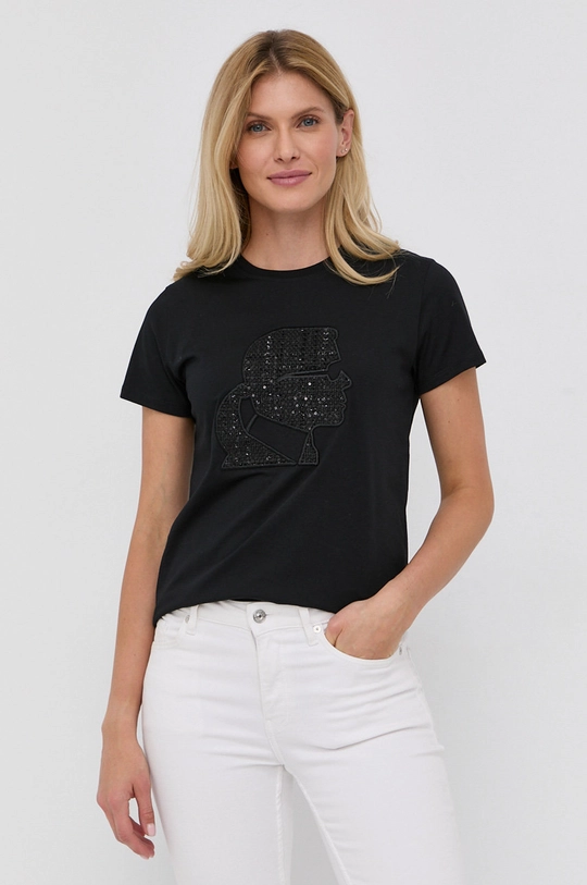 czarny Karl Lagerfeld T-shirt bawełniany 216W1703 Damski