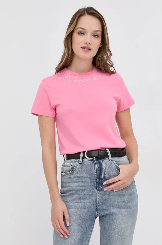 różowy Karl Lagerfeld T-shirt bawełniany 216W1704