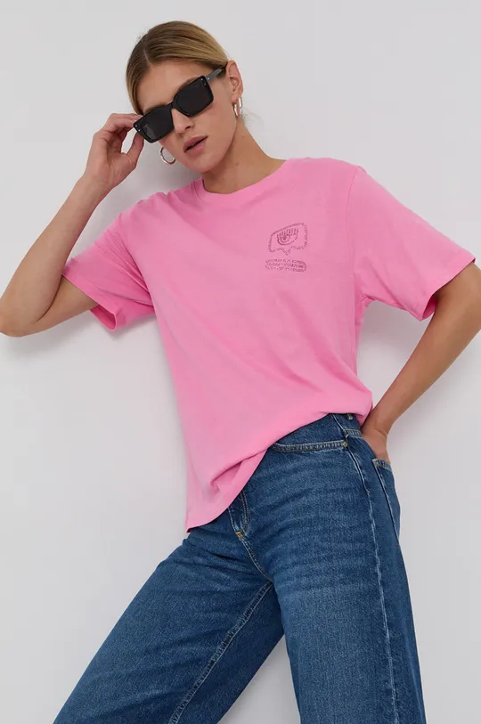 różowy Chiara Ferragni T-shirt bawełniany Glitter Eyelike Damski