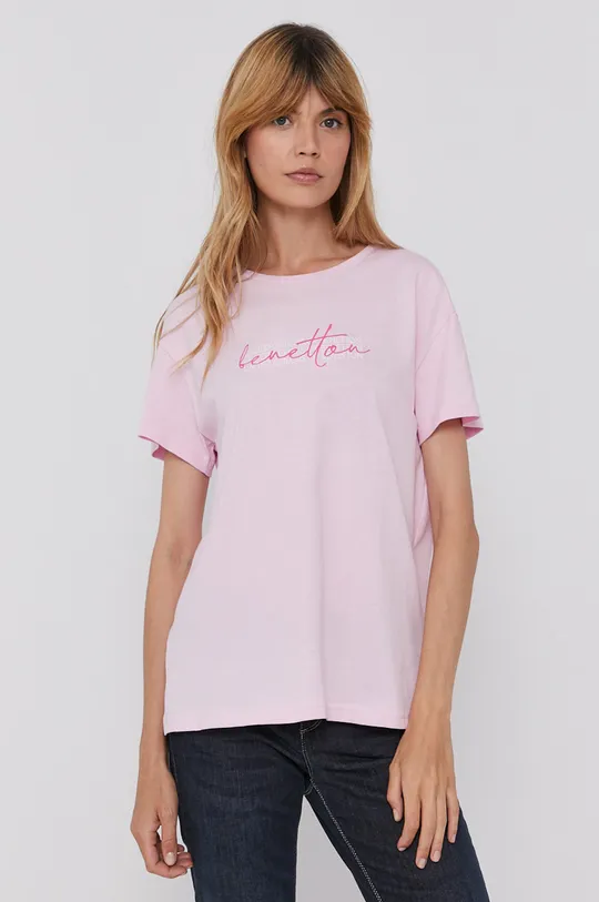 różowy United Colors of Benetton T-shirt bawełniany