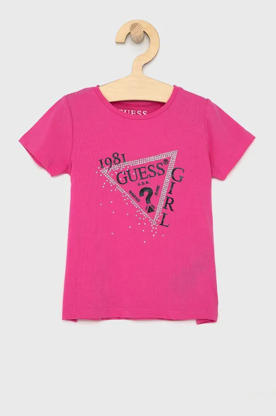 рожевий Дитяча бавовняна футболка Guess Для дівчаток