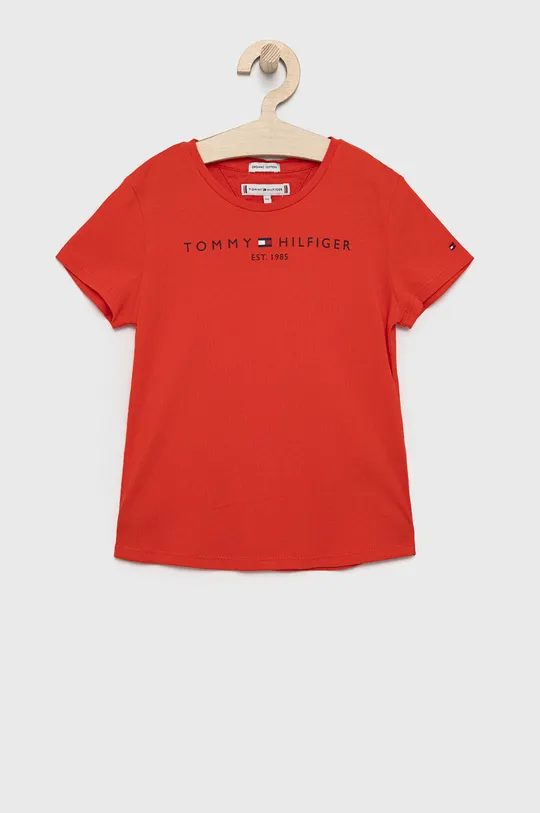 czerwony Tommy Hilfiger T-shirt bawełniany dziecięcy Dziewczęcy